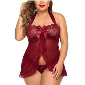 Plus Size 1X thru 5X - Burgundy Babydoll with Bow and Matching Thong Panty